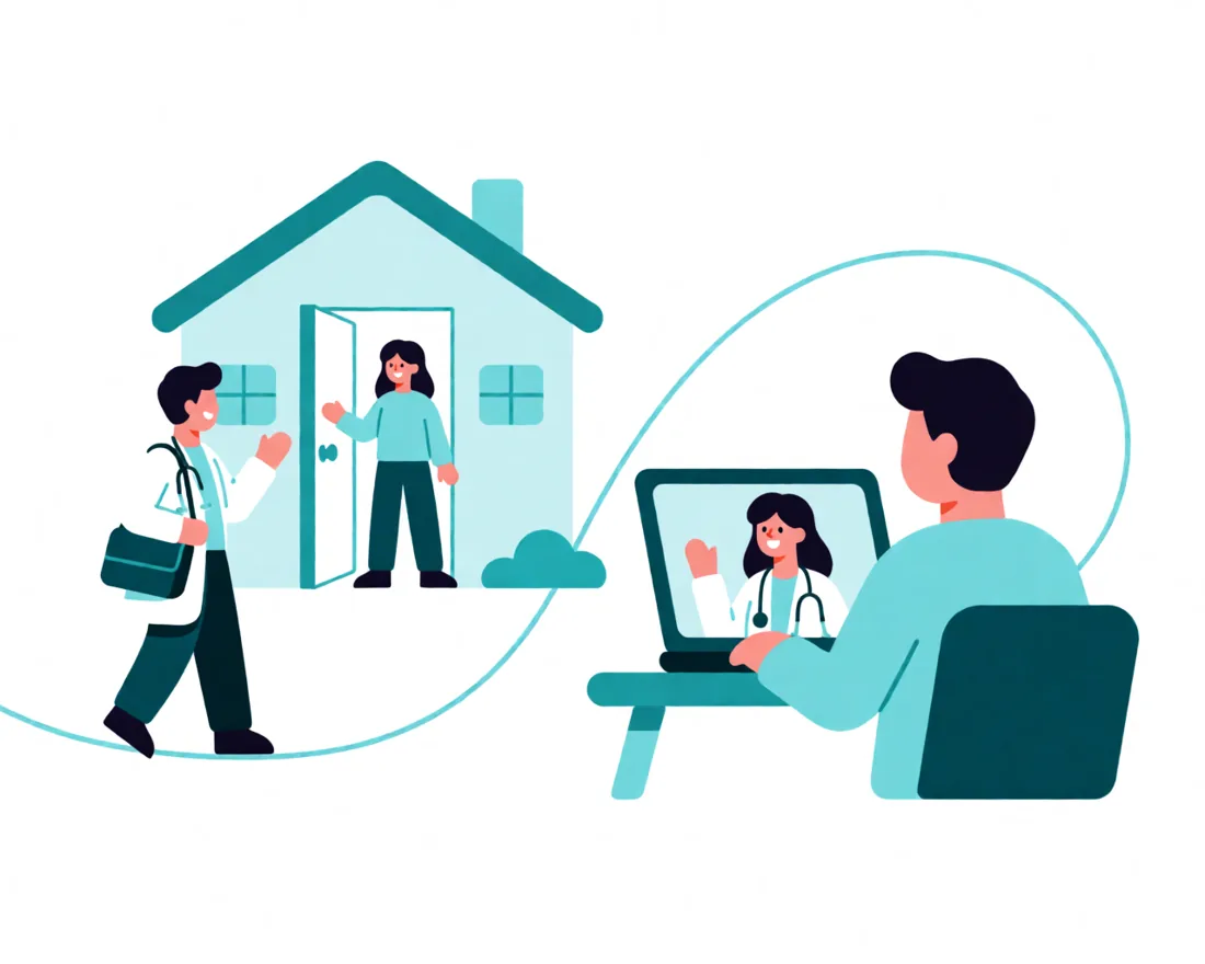 Ilustración: un médico llega a una casa y una médica atiende por videollamada